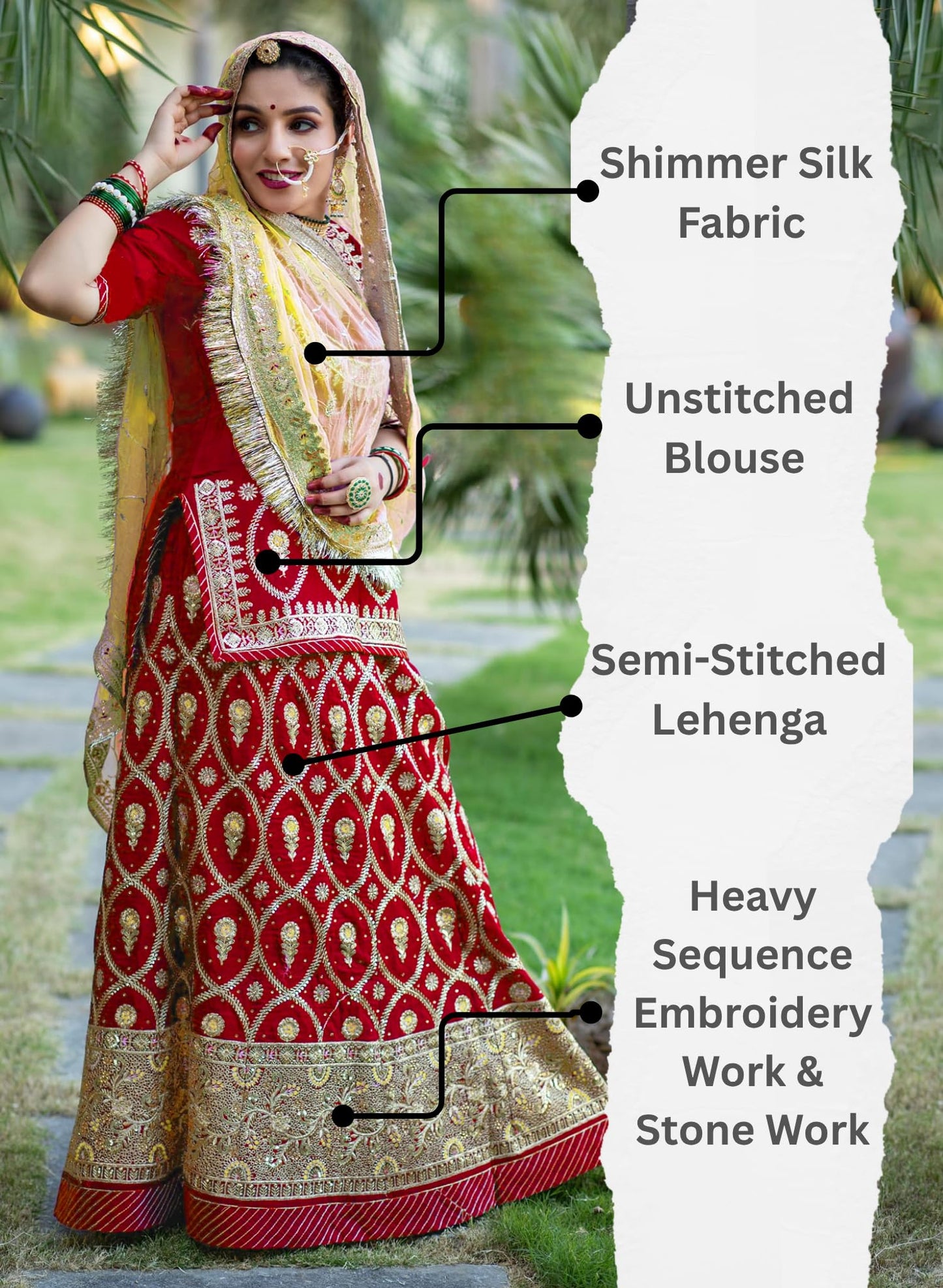 SHYAMLATA New Bridal Rajputi Lehenga Set for Women Traditional Embroidered Silk with Dupatta (Red)