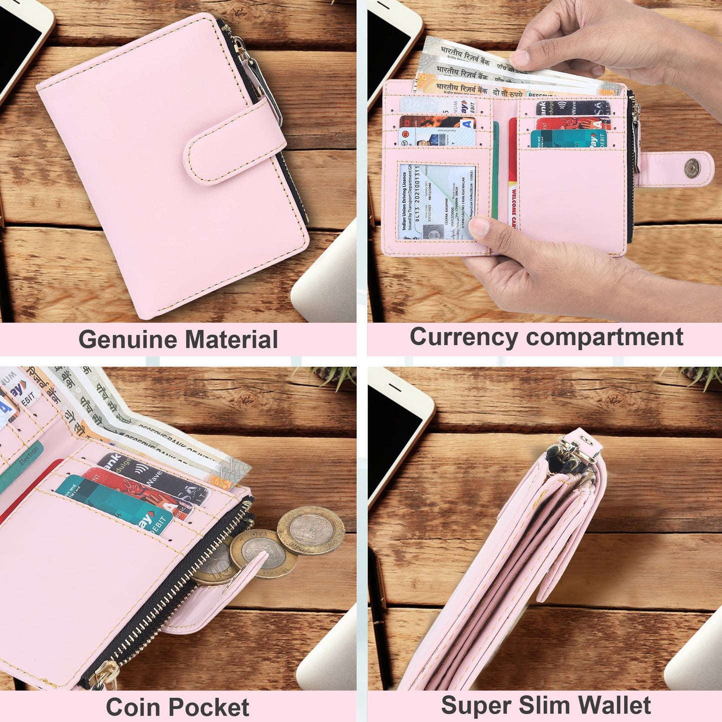 TnW PU Leather Mini Zipper Wallet for Women (Baby Pink)