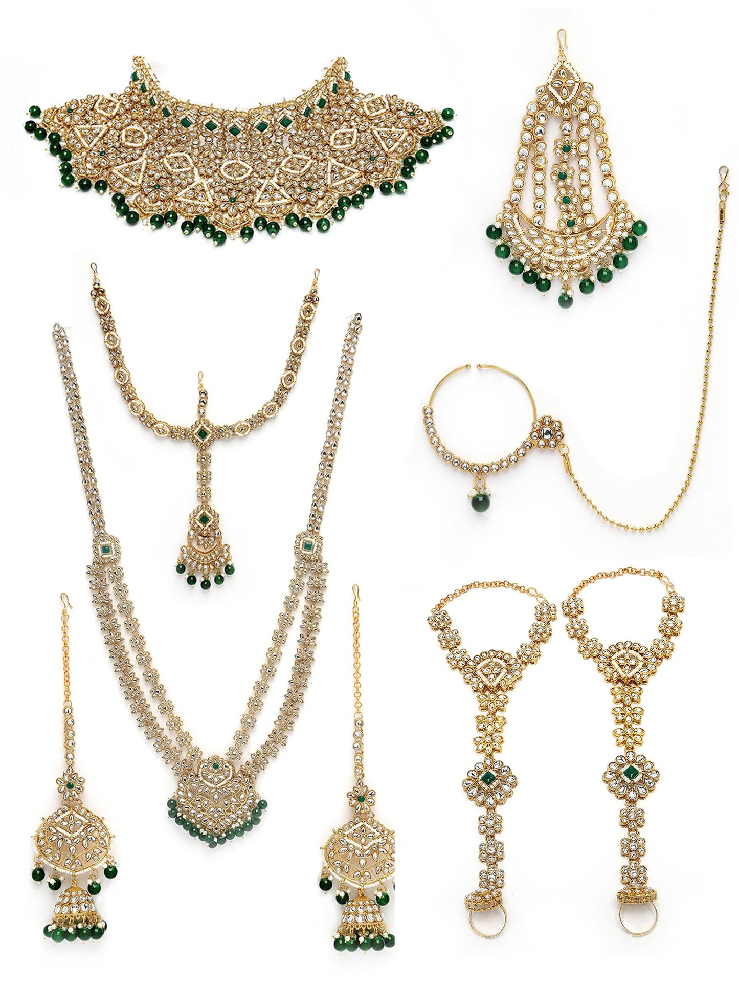 Karatcart Gold Plated Green Stone Handcrafted Traditional Kundan Dulhan Bridal Jewellery Set