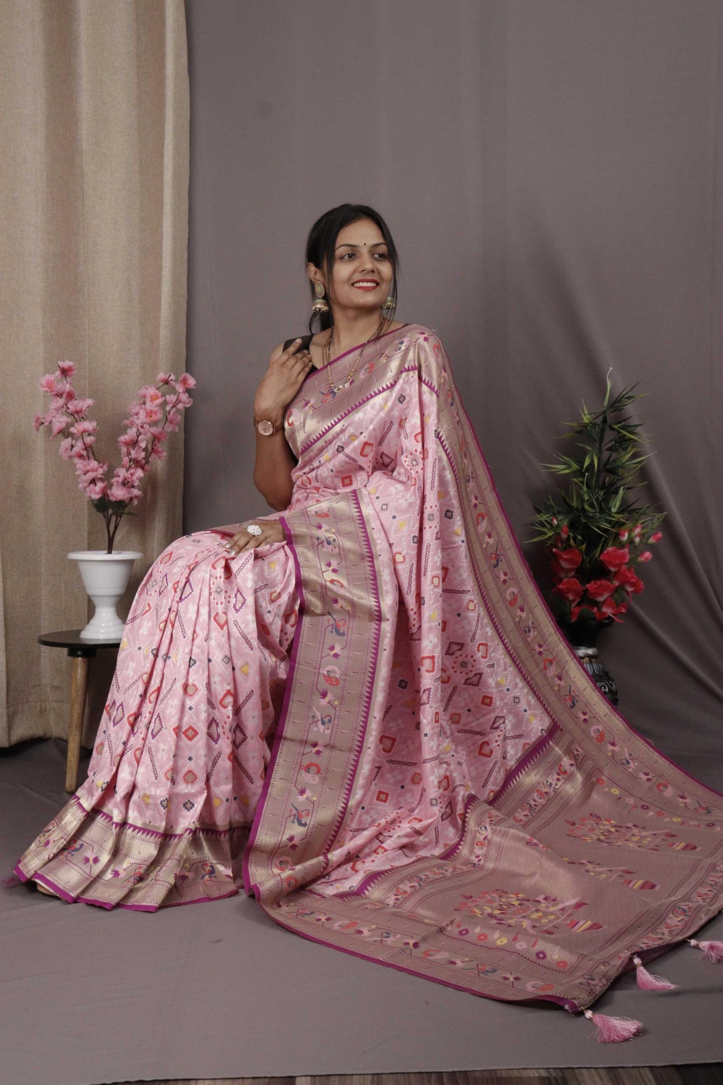 Pandadi Saree Women's Baby Pink Pure Soft Kanchivaram Paithani Silk saree With Unstitched Blouse Piece