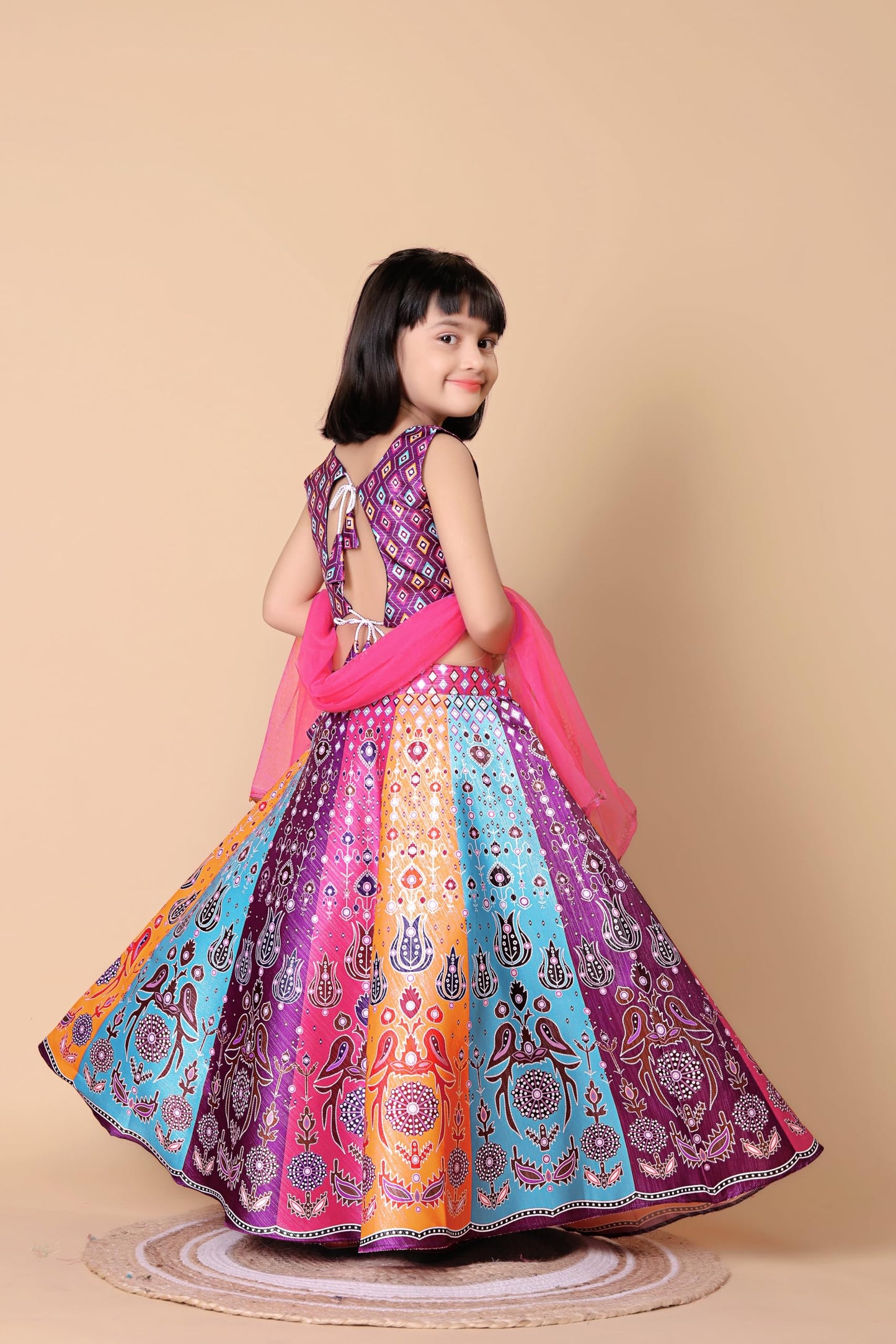PURVOSH Kids Bandhani Lehenga Choli Set for Girls, Fully Stitched, Readymade, Printed, 6-7 Years to 13-14 Years, Pink (MULTI COLOR 2, 9-10 Years) | Material: Art Silk
