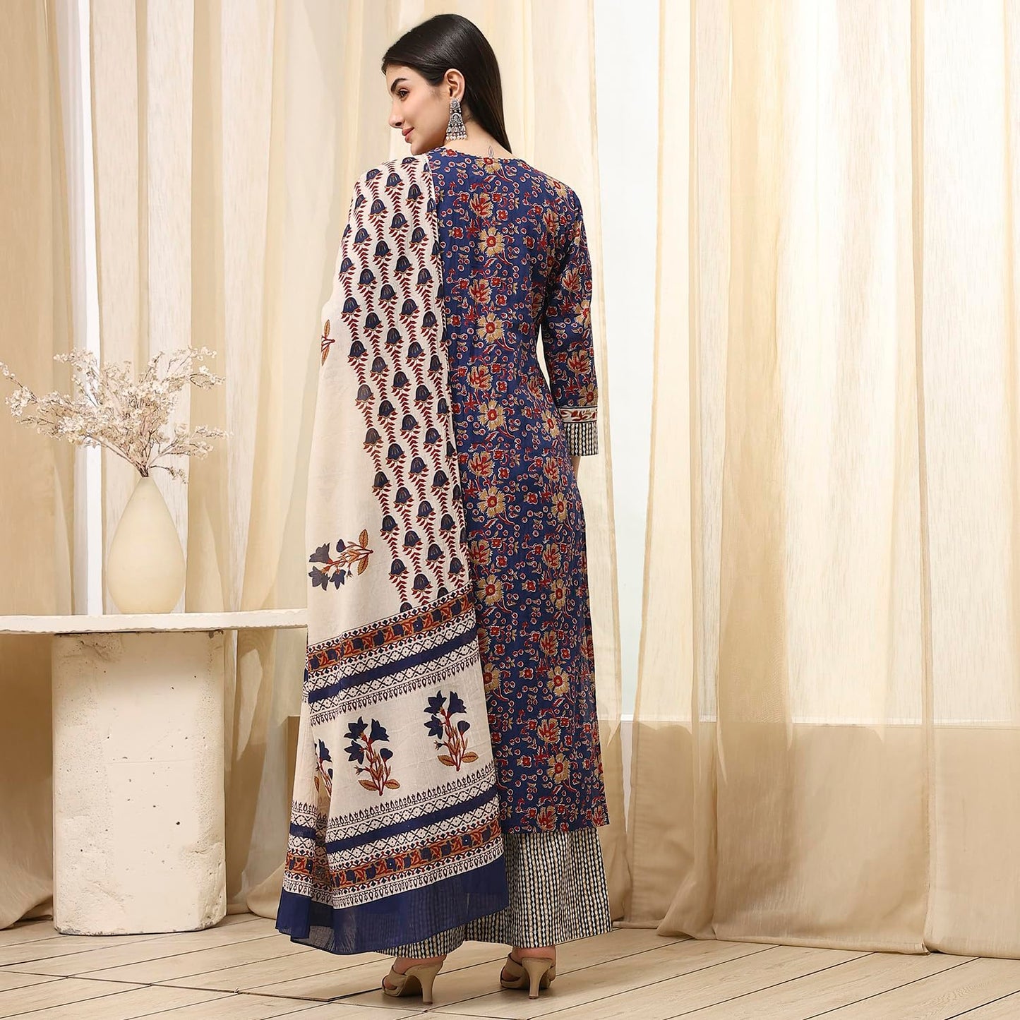 BIBA Women Blue Cotton Screen Print Unstitched Suit Set_FREE SIZE