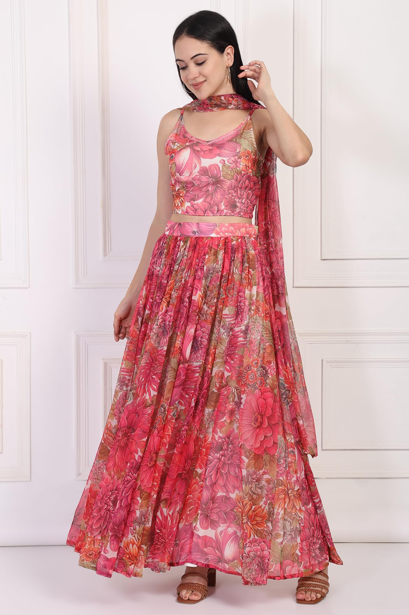 W for Woman Floral Printed Embellished Flared Georgette Crop Top with Skirt and Dupatta Set (WS13898)