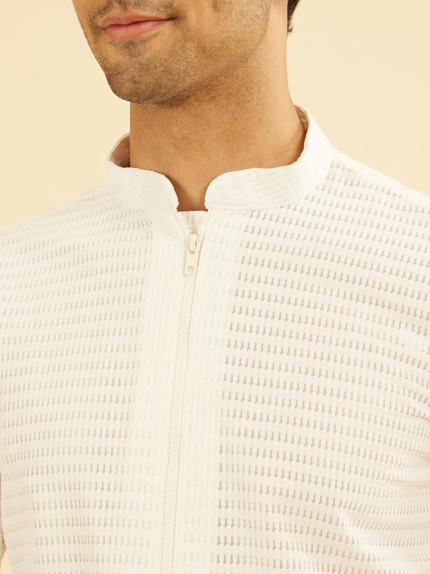 Manyavar Men's Knit Self Design with Zip Neck Mid Length Kurta(White,XXL)