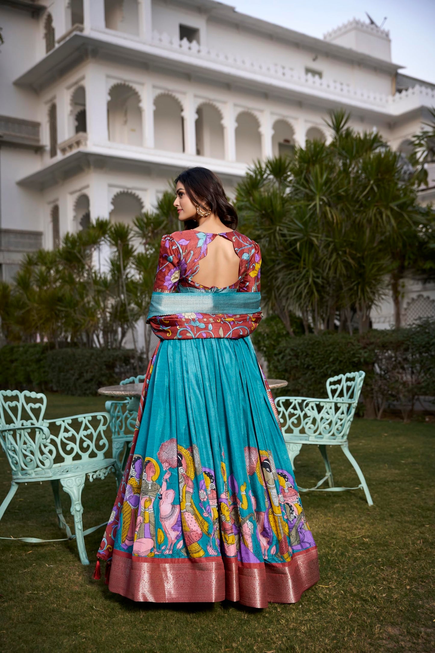 Snazzy Stitch Women's Floral Print With Foil Work Tussar Silk Lehenga Chholi Set (FIROZI)