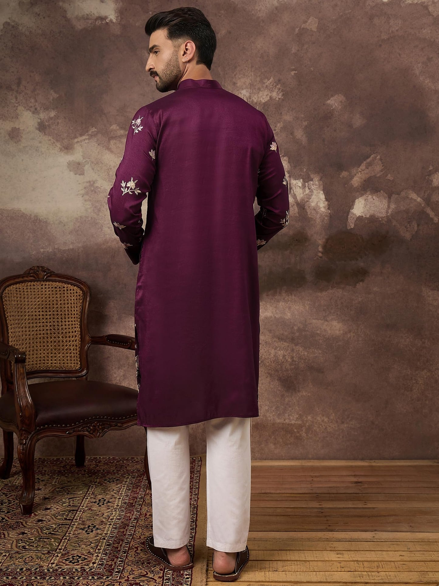 Ethnic Bay Men's Purple Silk Blend Solid Embroidered Calf Length Kurta's | Embroidered Kurta for Men | Straight Fit Kurtas for Mens (MKU1340, S)