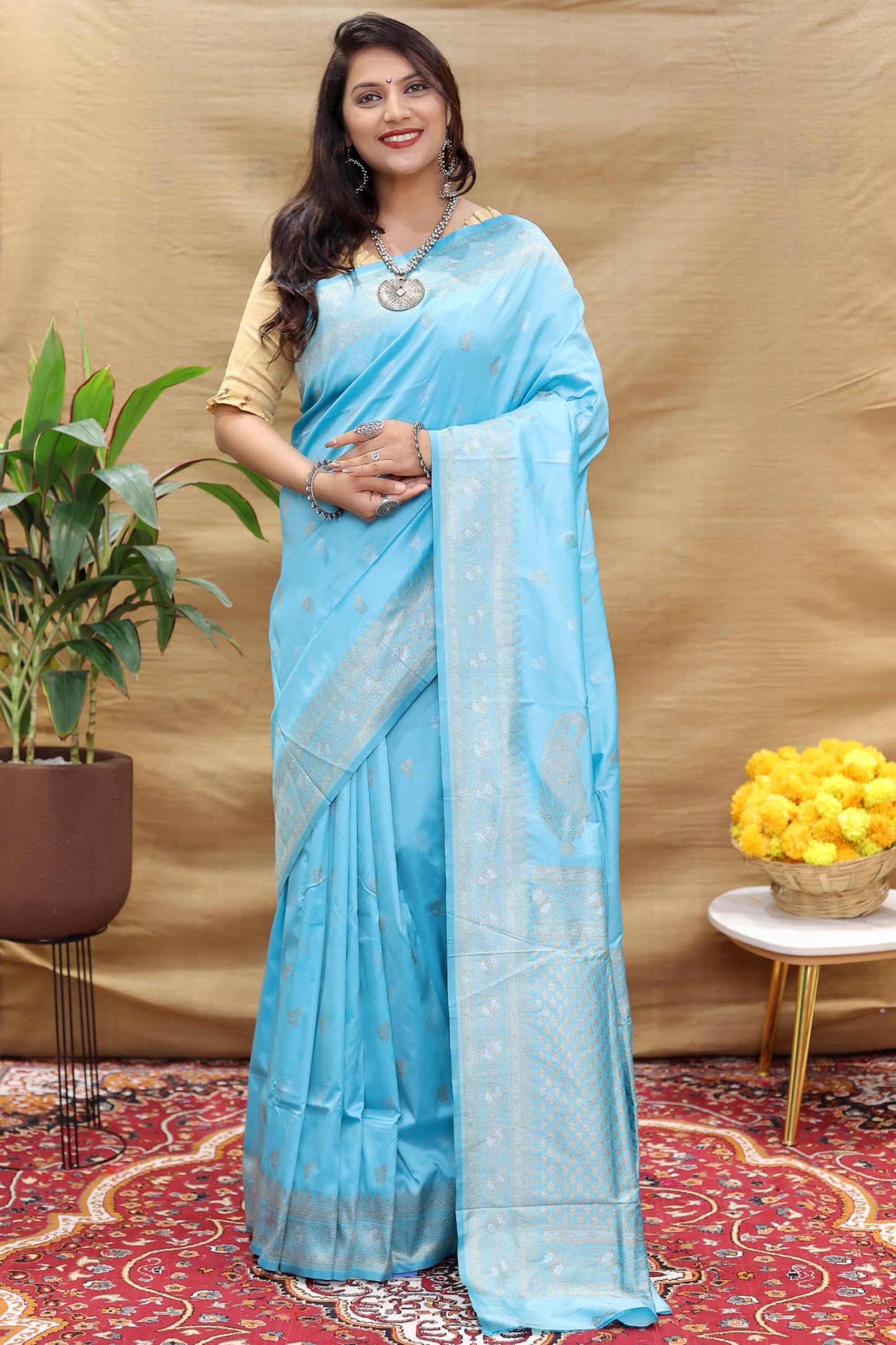 AMIRAT Women's Pure Kanjivaram Soft Silk Saree Banarasi Type With Blouse Piece (Sky Blue)