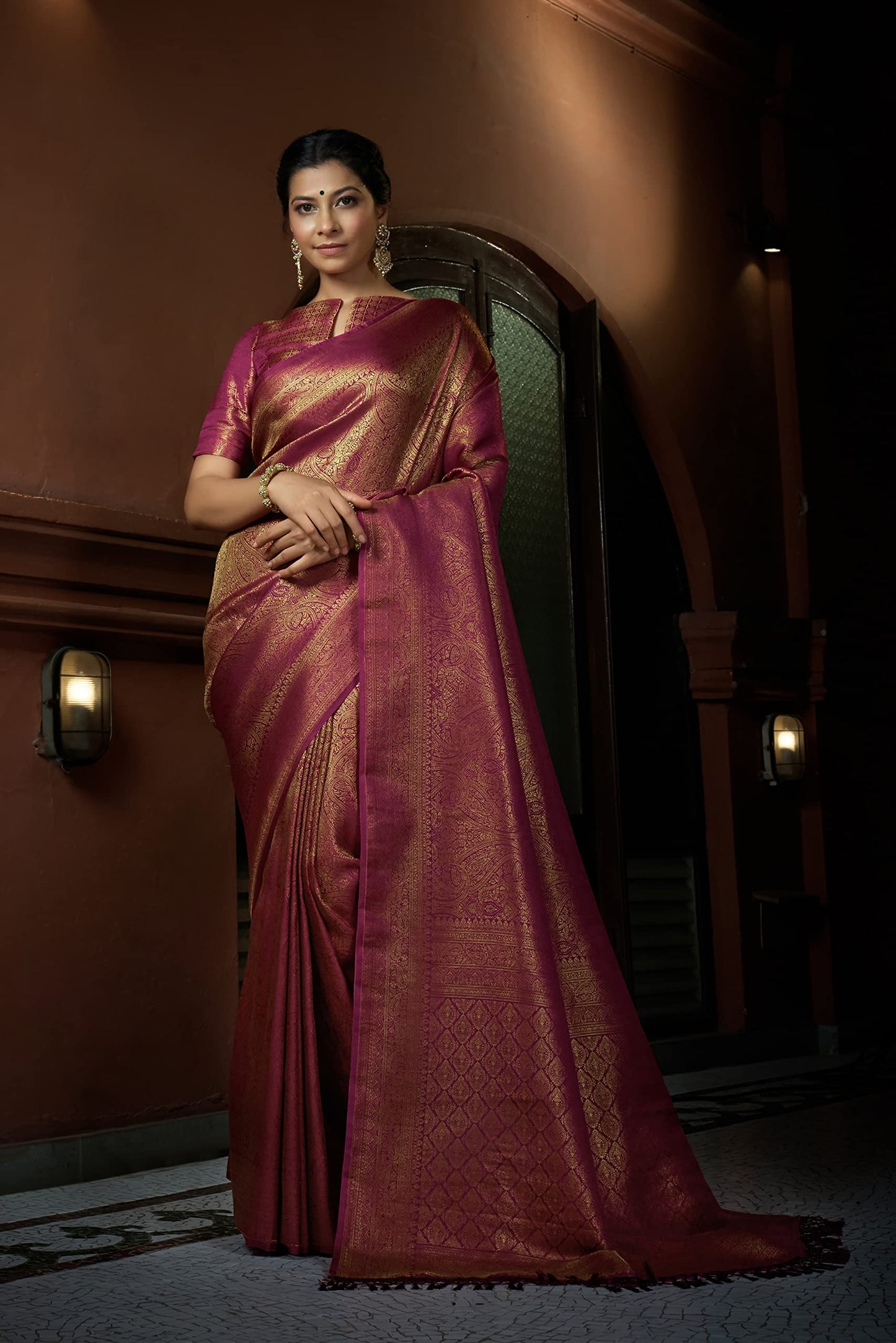 Vardha Women's Kanchipuram Art Silk Saree with Unstitched Blouse Piece - Zari Woven Work Sarees for Wedding (Asya Silk, 388, Wine)