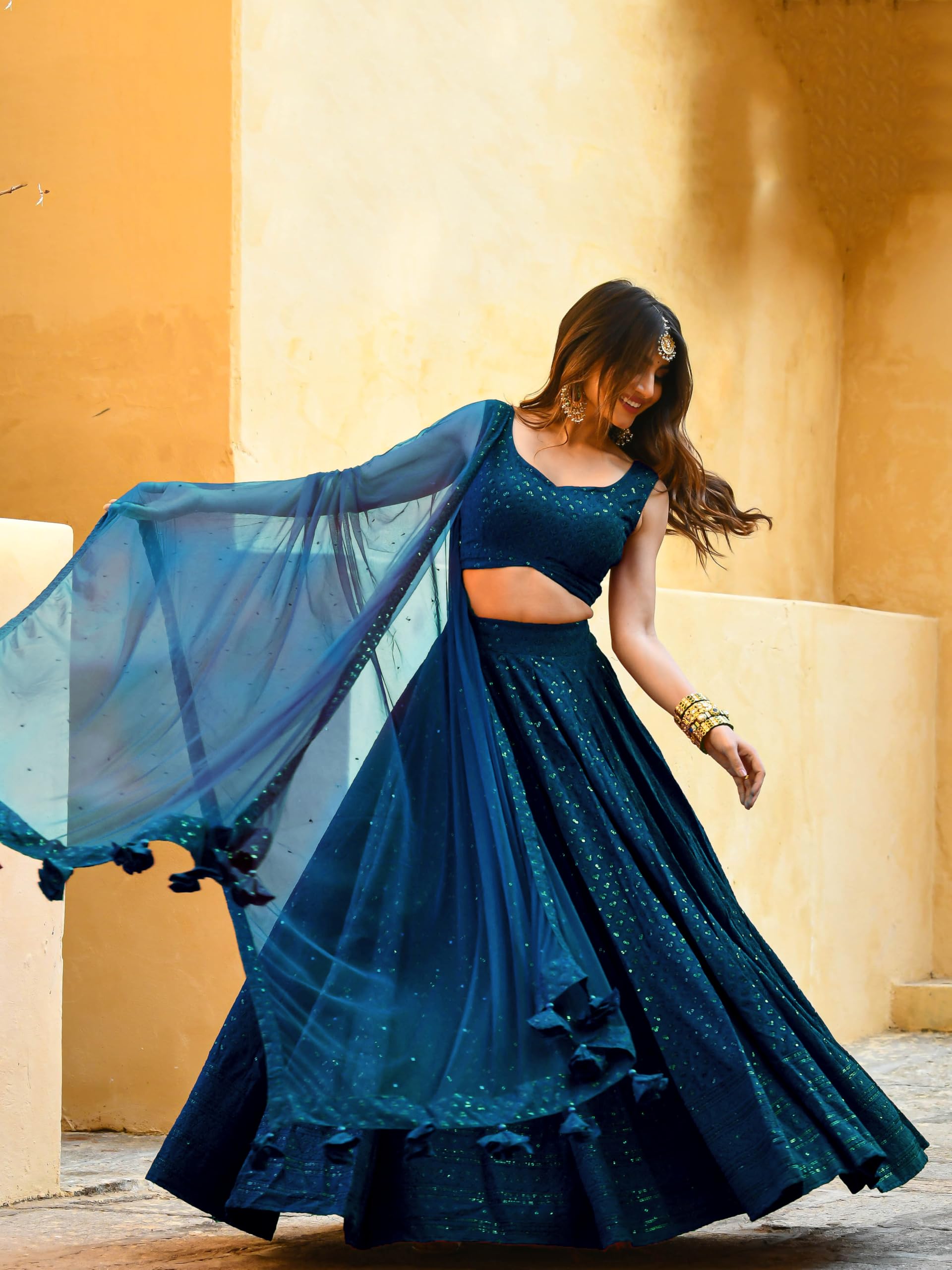 Zeel Clothing Women's Georgette Semi-Stitched Sequins Thread Embroidered  Designer Lehenga Choli With Dupatta (5124-Blue-S-Lehenga-Choli-Latest; Free 