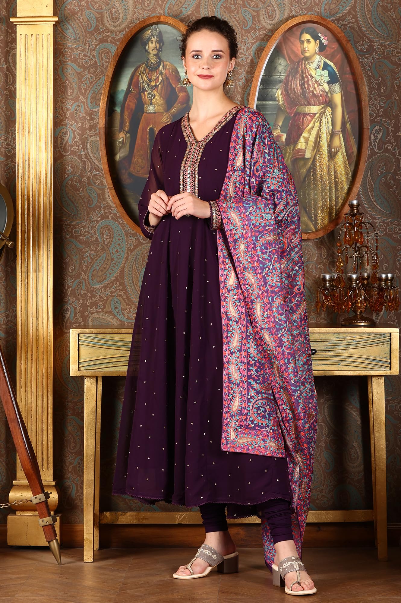 W for Woman Wishful Purple Thread Embroidered Georgette Anarkali Kurta, Churidar and Dupatta Set (Size: L)-24AUSP10922-400556