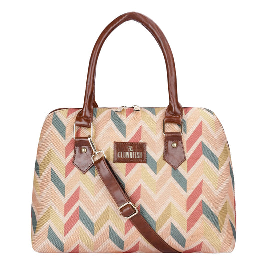 THE CLOWNFISH Montana Series Printed Handicraft Fabric & Faux leather Handbag for Women Office Bag Ladies Purse Shoulder Bag Tote For Women College Girls (Cream-1)