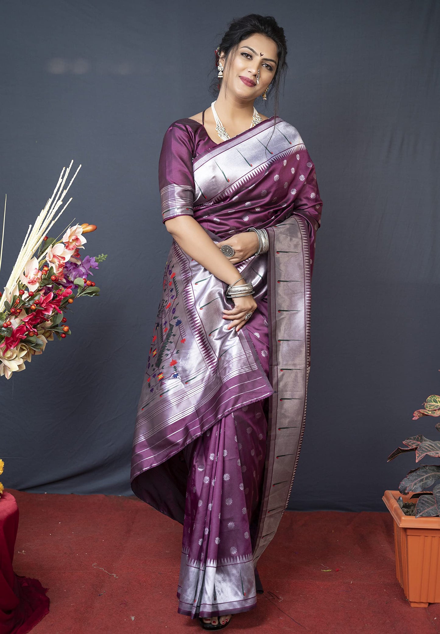 AMIRAT Women's Litchi Silk Paithani Saree and Unstitched Blouse Piece | Saree Blouse for Women | Wine