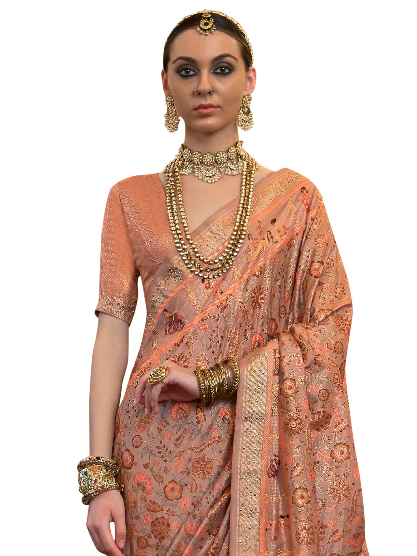 SAREE MALL Women's Botanical Printed Tassels and Latkans Banarasi Silk Saree With Unstiched Blouse Piece (Peach_PDMAVT695_RW)