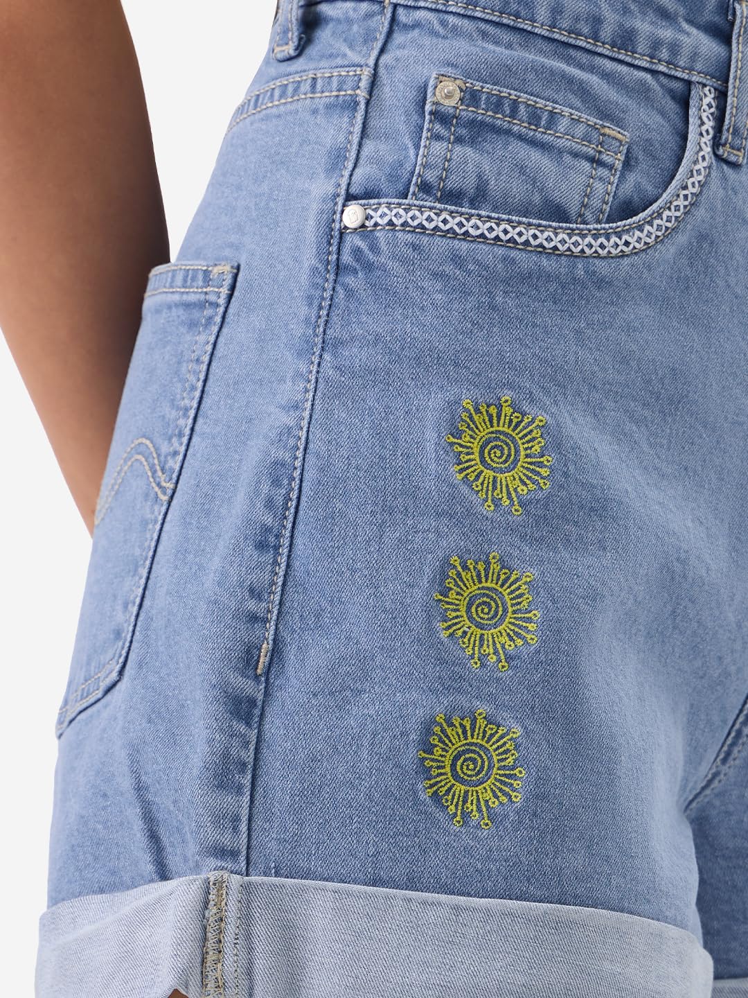 The Souled Store Denim: Mimosa Women and Girls Graphic Print Denim Shorts