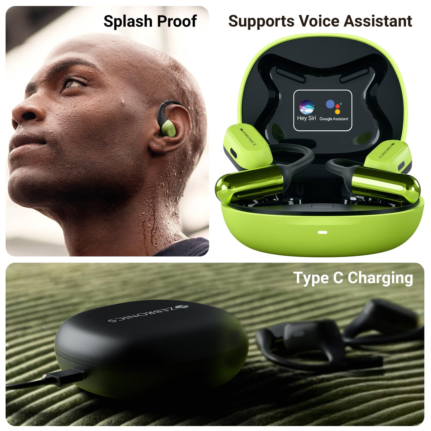 ZEBRONICS PODS O, Wireless Open-Ear Earbuds, OWS, 40 Hrs Backup, Neodymium Drivers, Ultra Comfort Fit, Quad MIC ENC, Rapid Charging, Bluetooth, Dual Pairing, Flash Connect, Low Latency Gaming (Green)