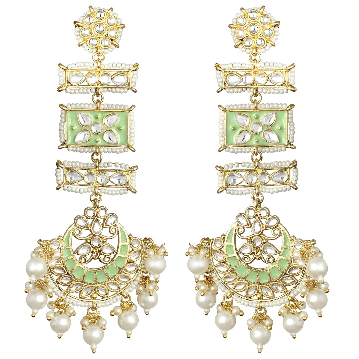 Peora Gold Plated Kundan Pearl Mint Meenakari Long Chandbali Dangle Earrings for Women