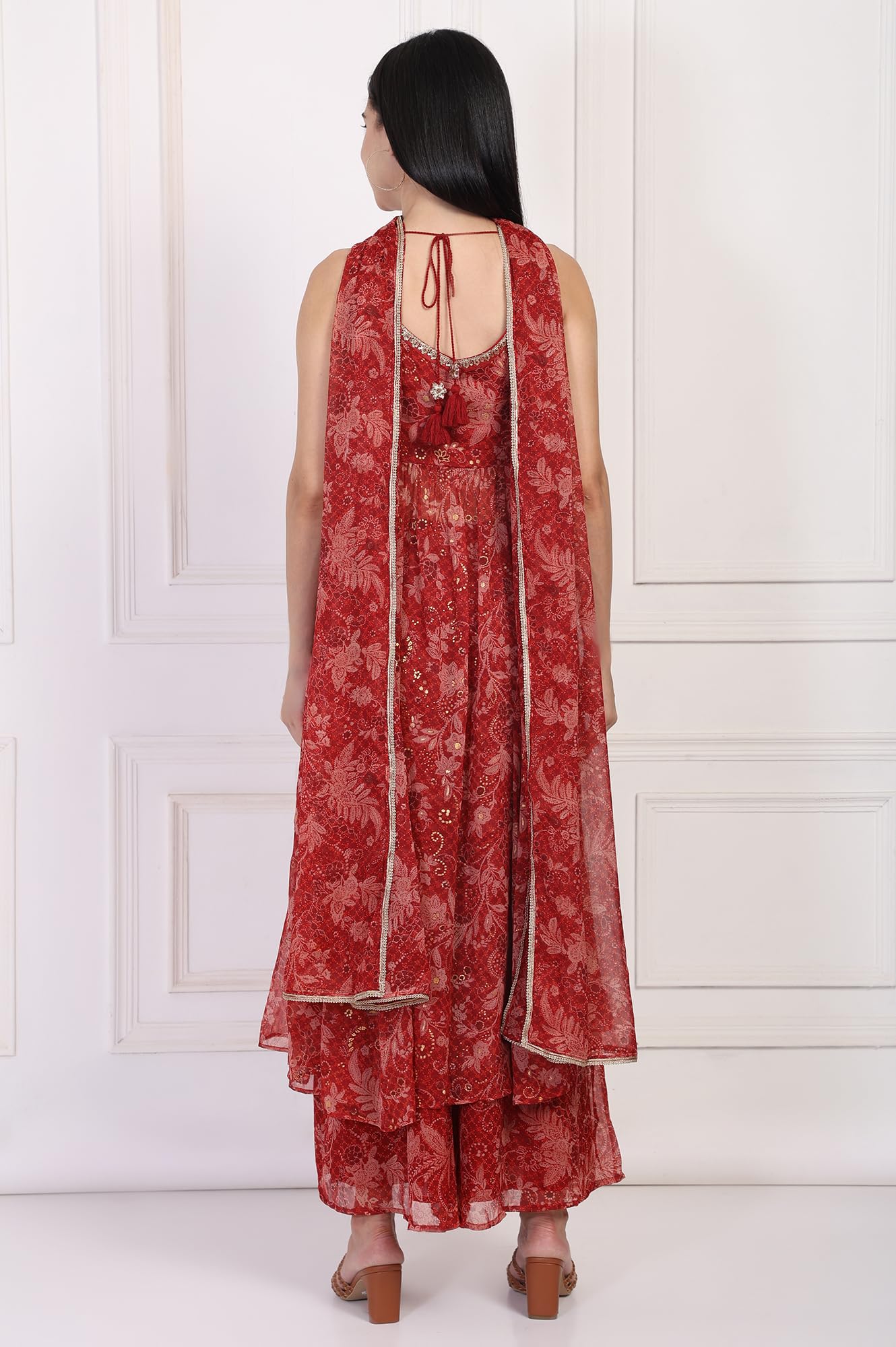 W for Woman Floral Print Zari Work Anarkali Chiffon Kurta with Flared Pant and Dupatta Set (WS13165)