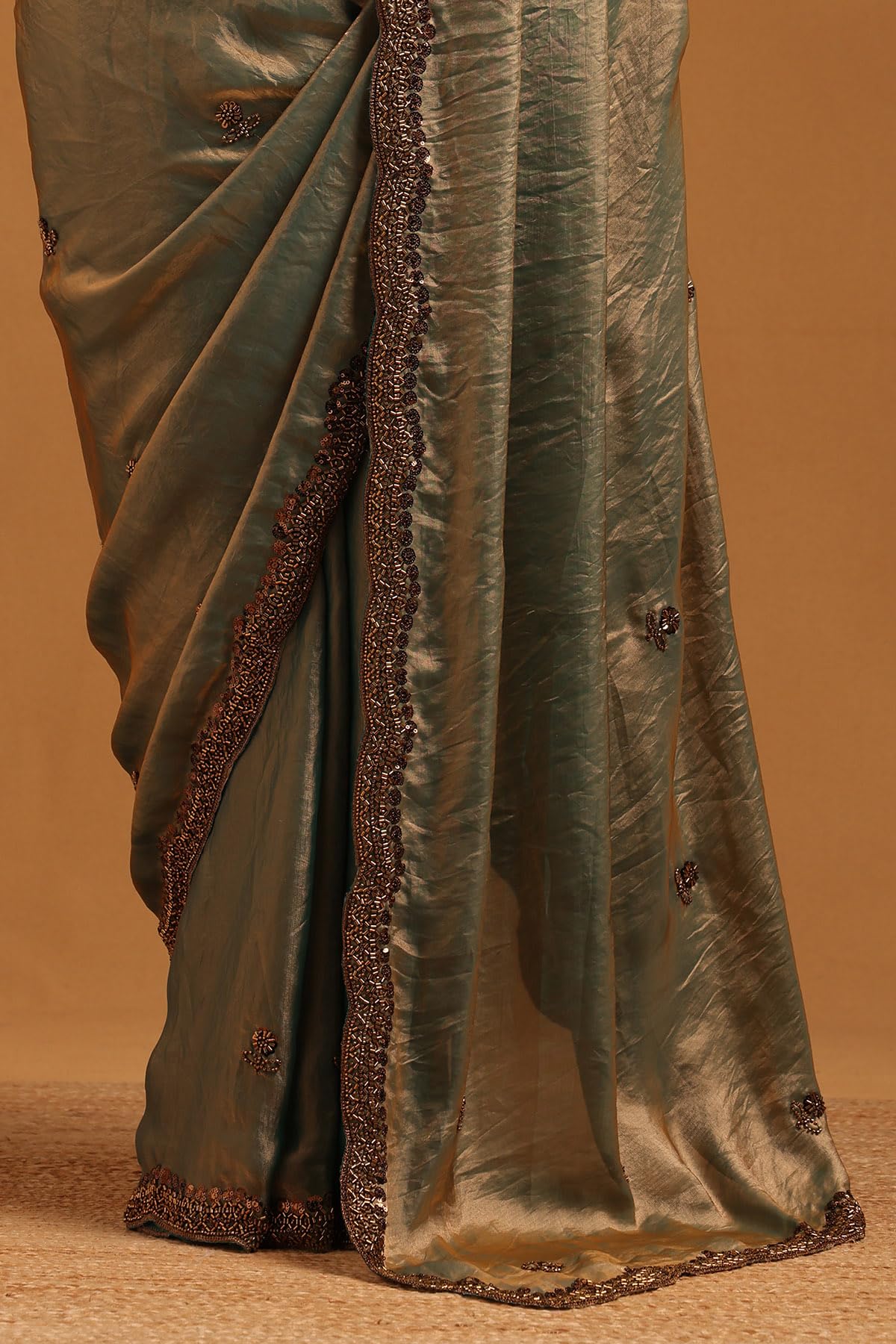 Soch Womens Teal Fendy Organza Floral Saree With Cutdana