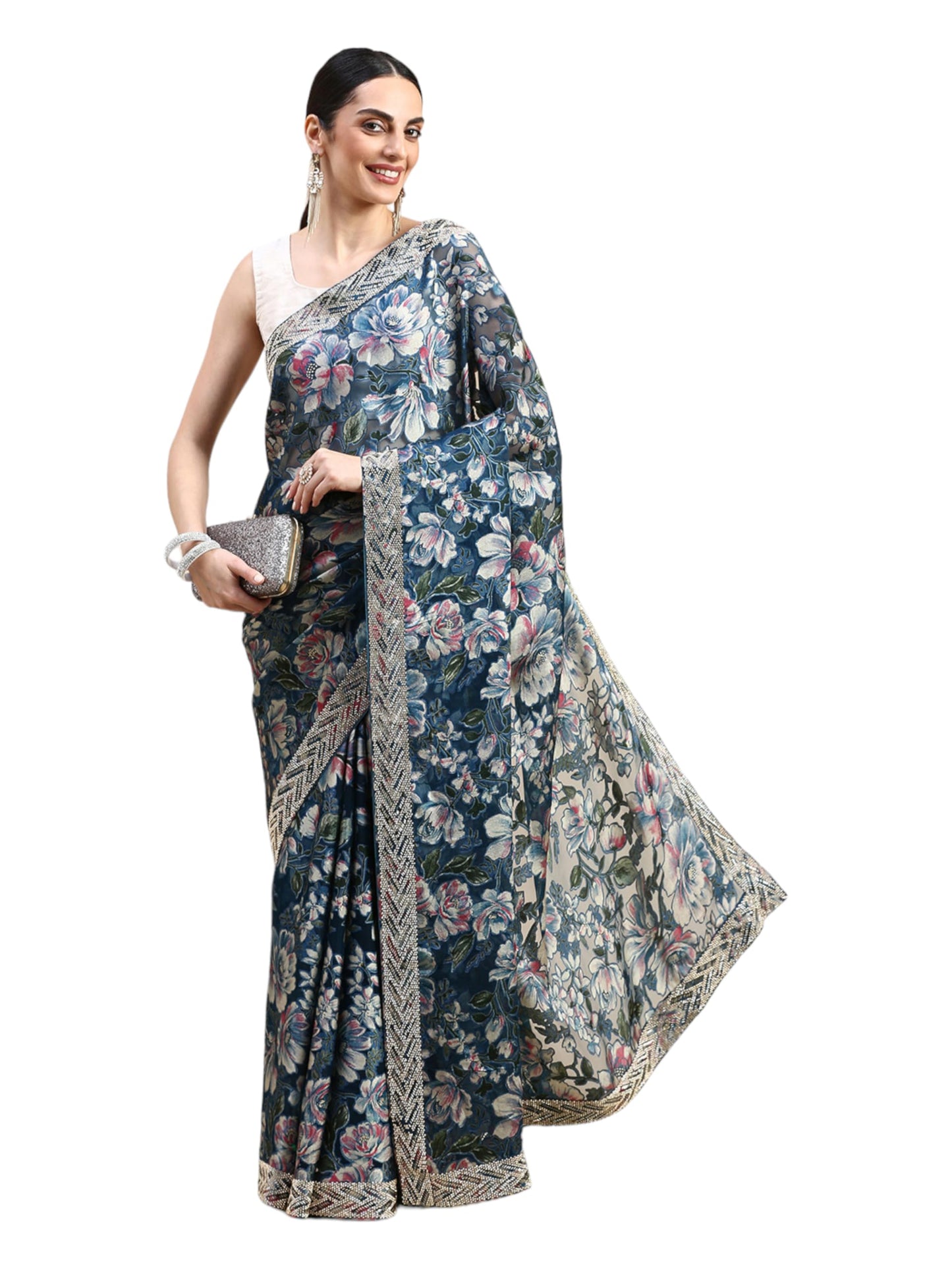 MOHEY Blue Organza EMBROIDERY|Cutdana|Printed|Stone Saree for Women