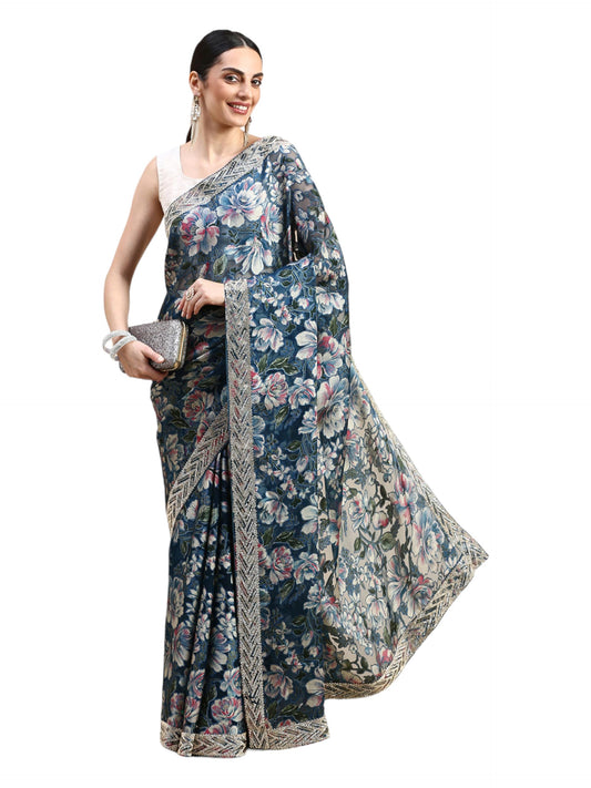 MOHEY Blue Organza EMBROIDERY|Cutdana|Printed|Stone Saree for Women