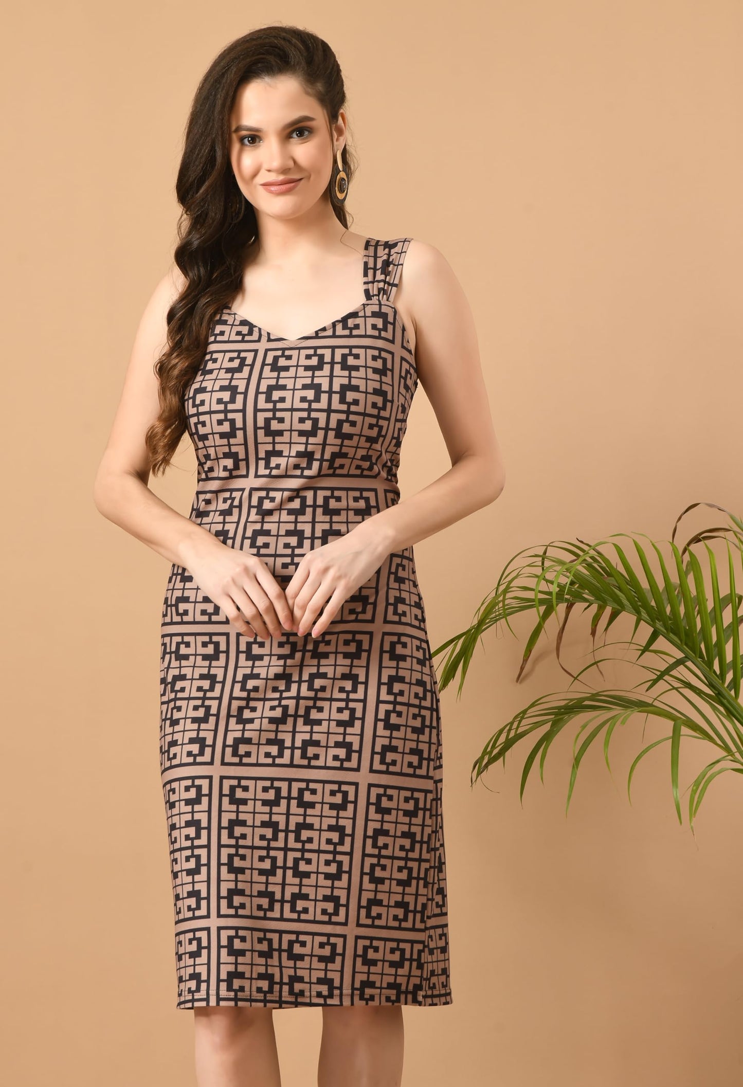 IUGA Women Dress Knee Length Sleeveless Designer Printed Brown