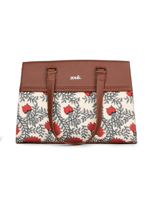 ZOUK Nawabi Couture Statement Business Bag | Jute | Vegan Leather Handcrafted Shoulder Bag Ideal For Office Use| Beige and Red