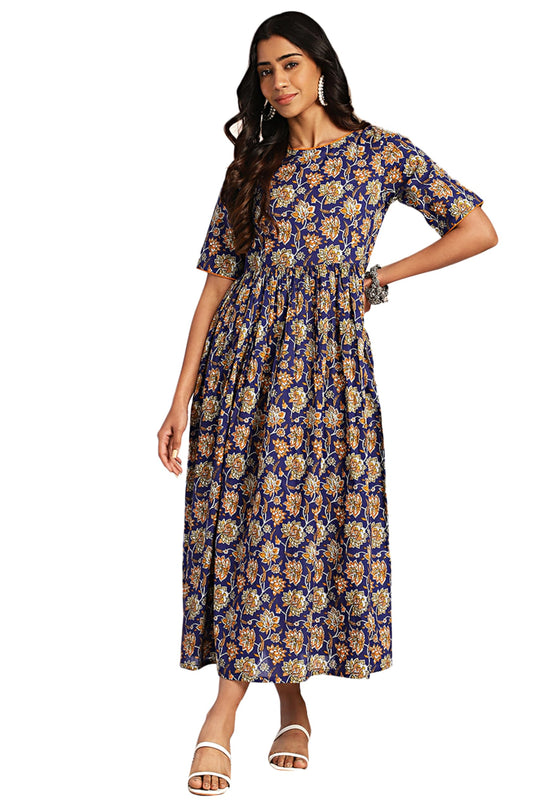 Janasya Women's Dark Blue Cotton Floral Printed Gathered Maxi Dress(JNE4369-DR-M)