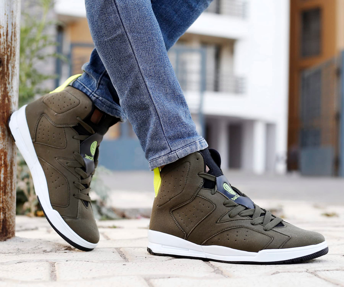 Bacca Bucci® Demon High-top Casual Shoe with Flat Outsole high Street Fashion Sneakers for Men- Olive, Size UK7