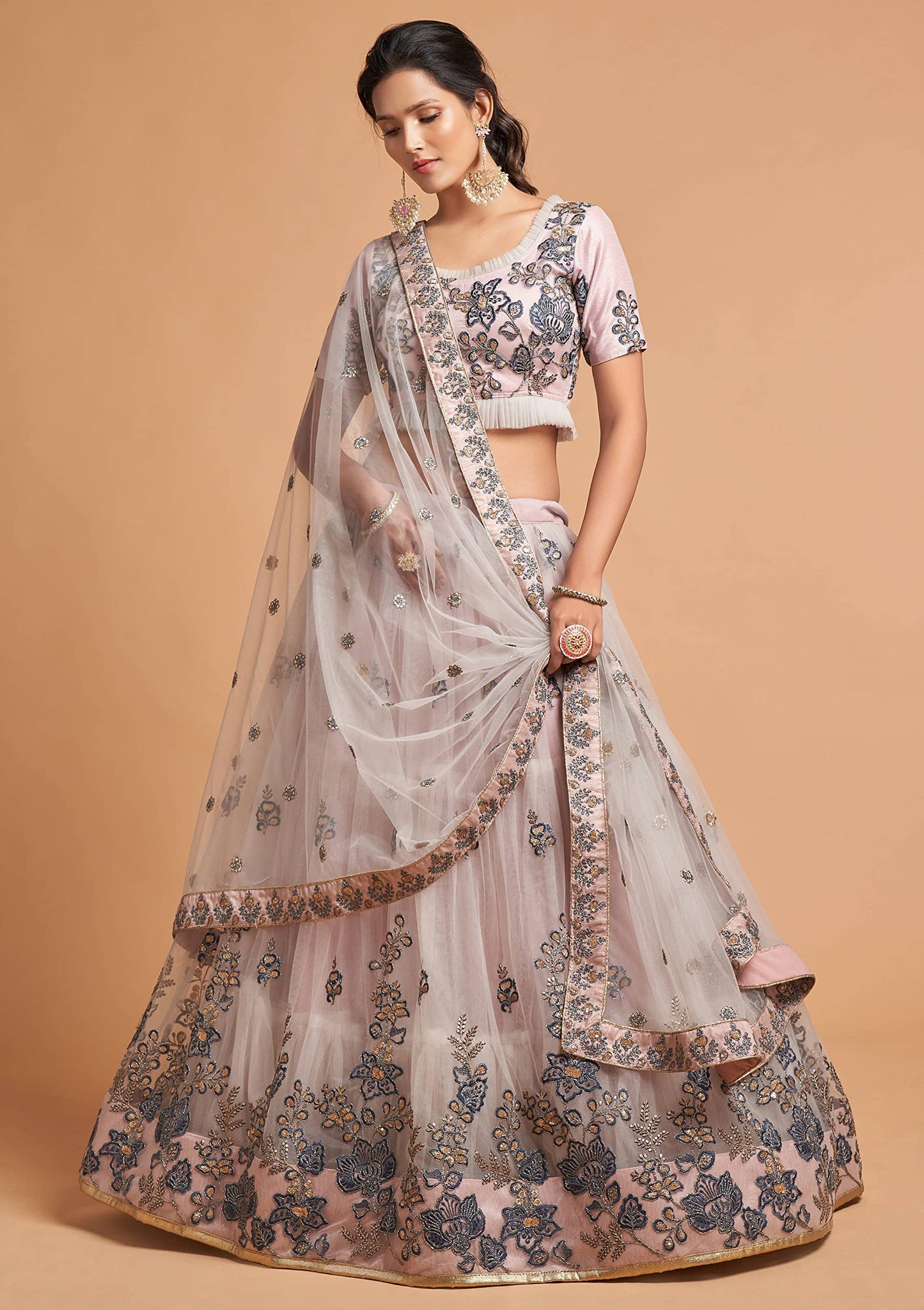 Zeel Clothing Women's Net Embroidered Semi-Stitched New Bridal Lehenga Choli with Dupatta (7307-Grey-Wedding-Girlish-Latest-Lehenga; Free Size)