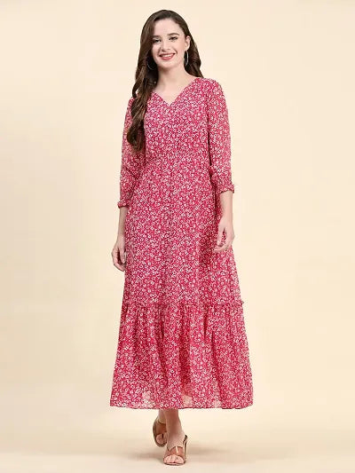 Stylish Pink Georgette Printed Fit And Flare Dress For Women