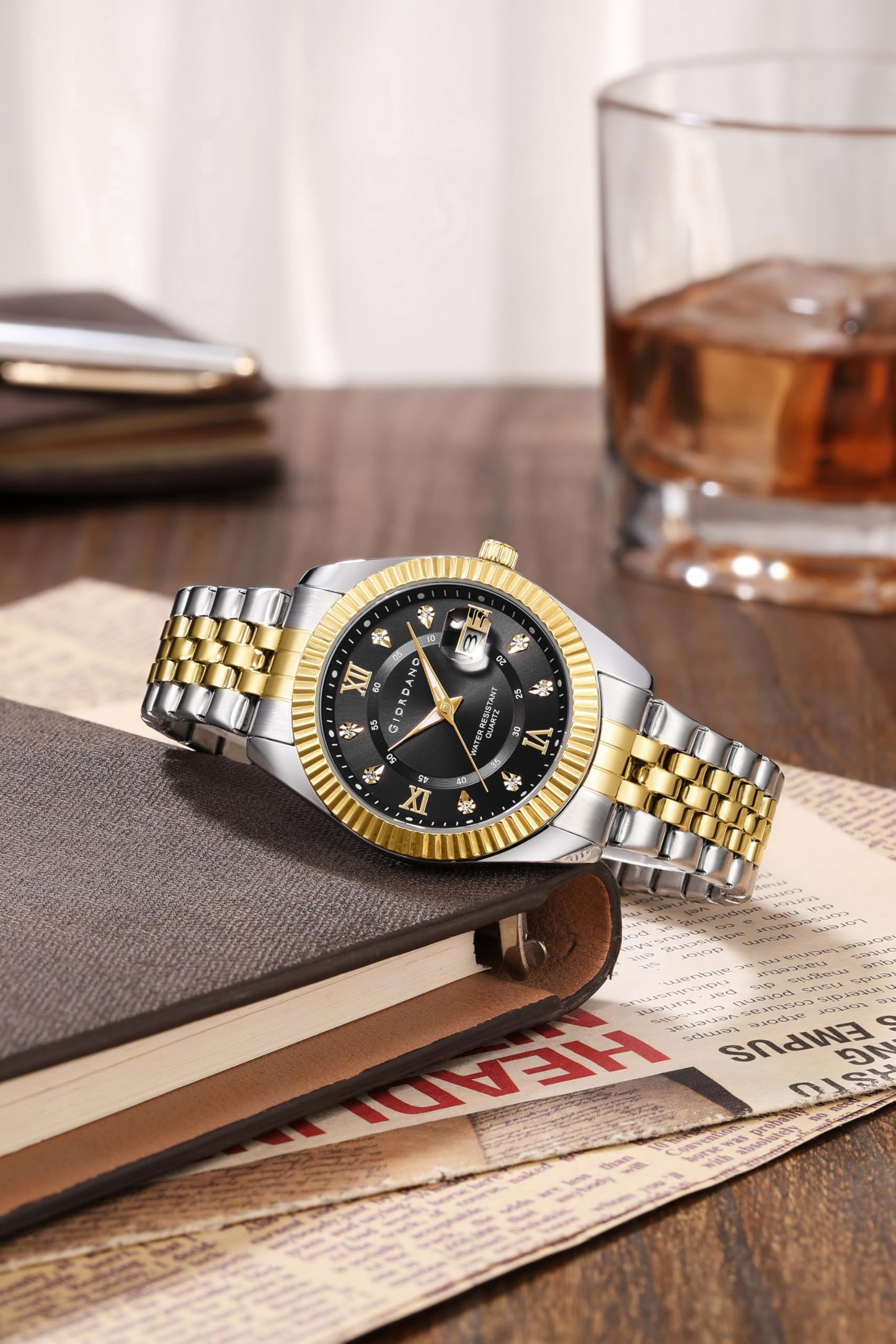 Giordano Analog Watch for Men - Dual-Tone Stainless Steel Strap, Crystal Indices and Fluted Bezel