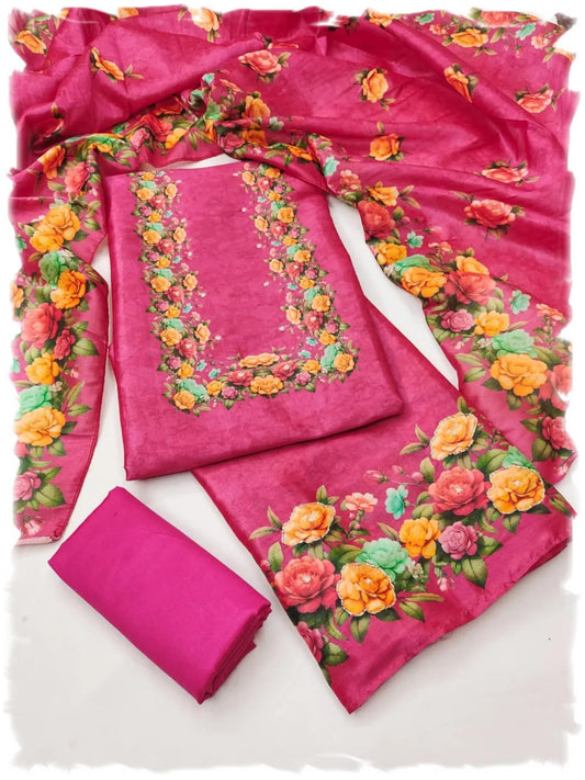 Leeli Peeri Designer Women's Vichitra Silk Floral Printed Unstitched Salwar Suit Dress Material