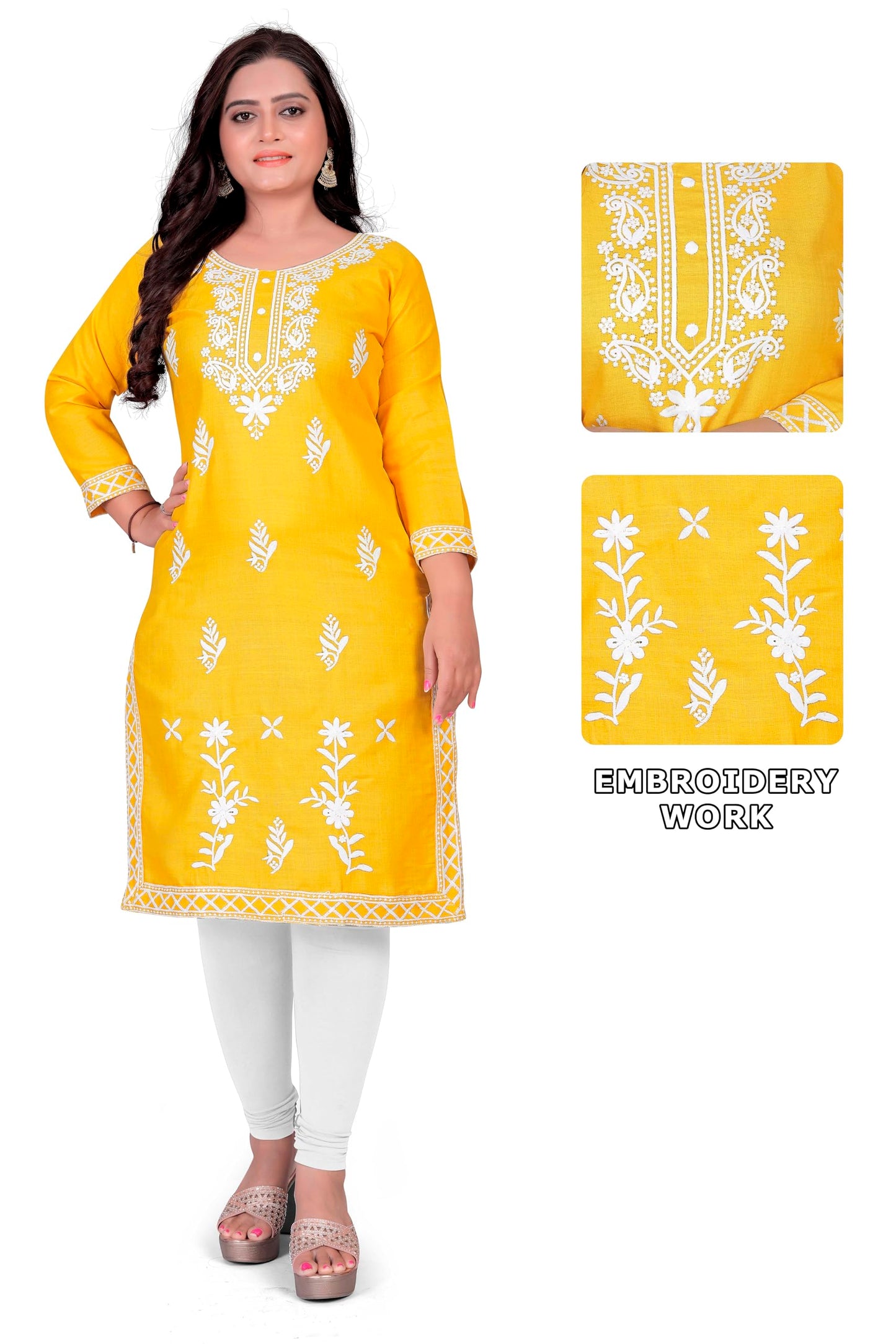 GLORY SILK Women's Rayon Blend A-line Chikankari Embroidered Kurta (Yellow - 5XL)