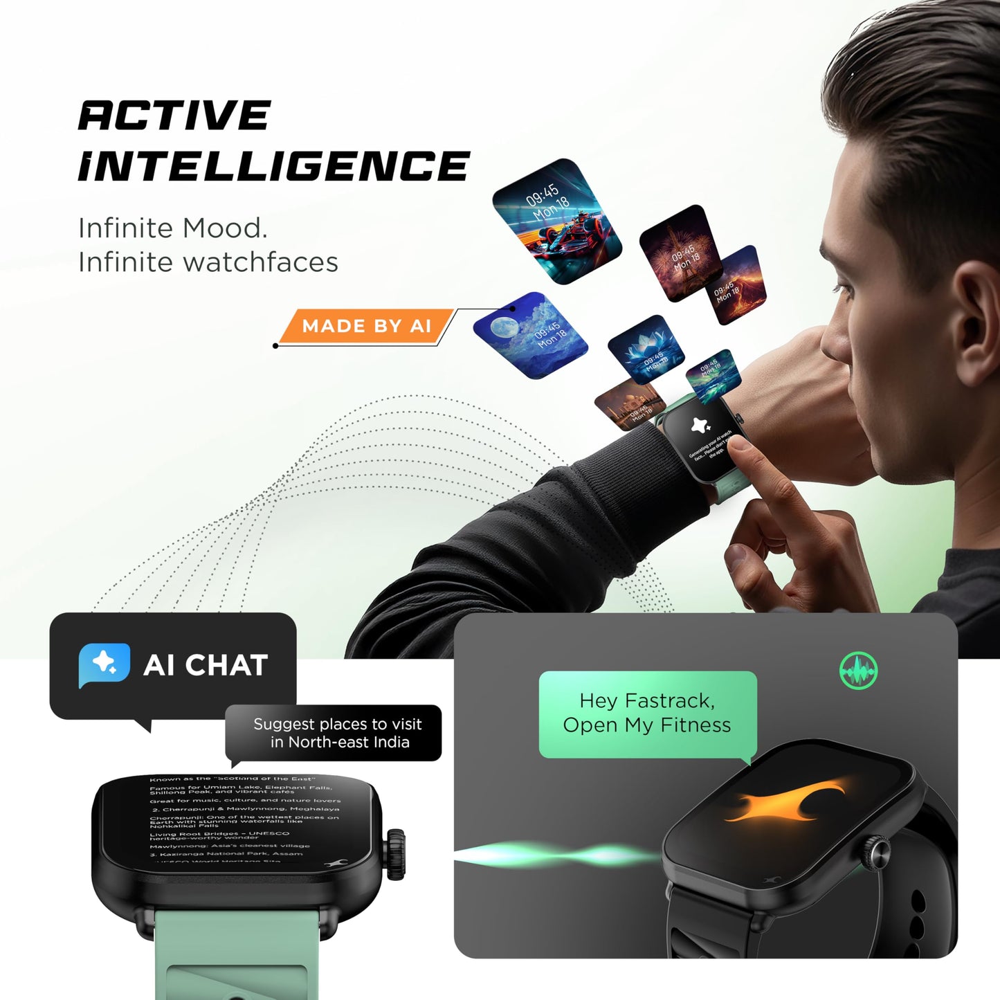 Fastrack MYND 1.93” AMOLED Display Smart Watch for Men & Women with AI Watch Faces,AI Chat,Offline Voice Commands,Curved Metallic Design,Functional Crown,BT Calling, Health Suite,100+ multisport modes