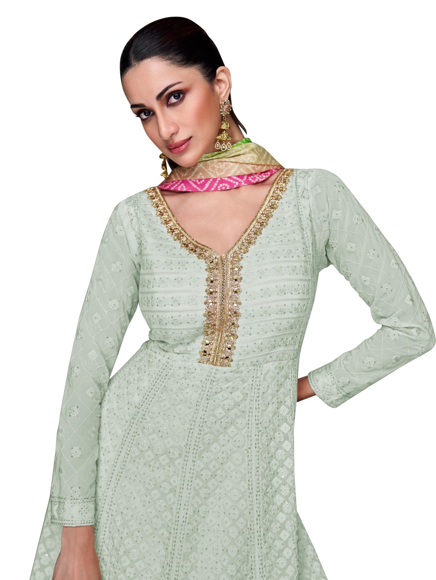 RUDRAPRAYAG Women's Georgette Long Sleeve V-Neck Maxi Anarkali Gown I Semi Stitched Womens Ethnic Wear