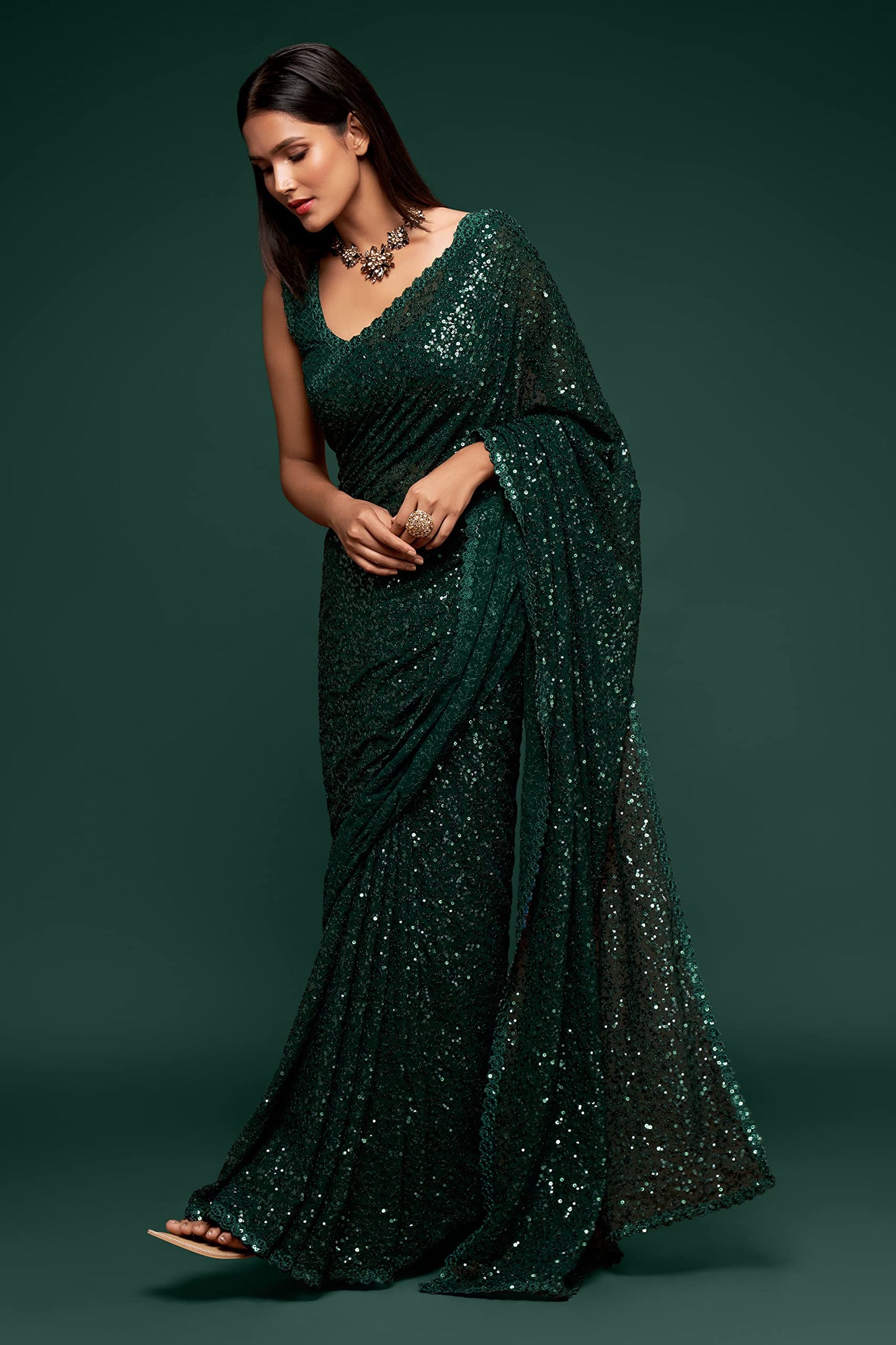 Zeel Clothing Women's Dark Green Sequins Work Heavy Georgette Saree with Blouse (1008-Deep-Green-Sequins-Party-Saree, Deep Green)