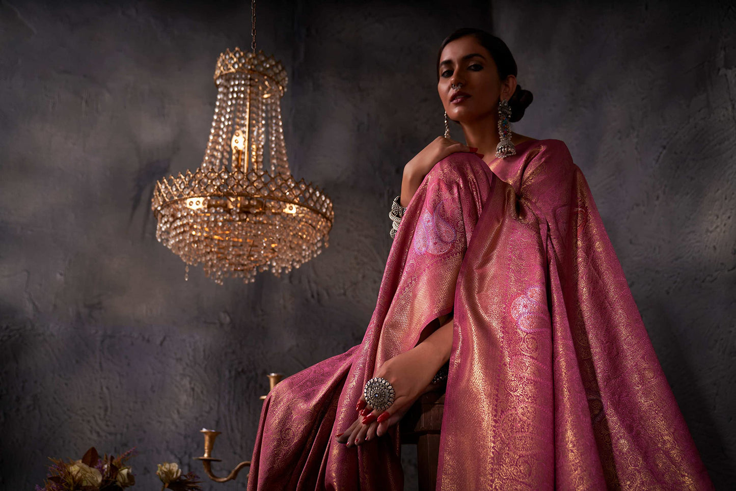 Vardha Women's Kanchipuram Art Silk Saree with Unstitched Blouse Piece - Gold Copper Silver Zari Woven Work Sarees for Wedding (Ayana Silk_538)