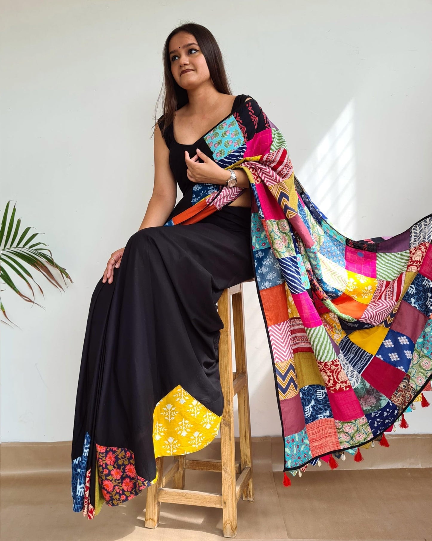 Save As Womens Saree Black - Unique 100% Cotton Reclaimed Fabric Saree Without Blouse