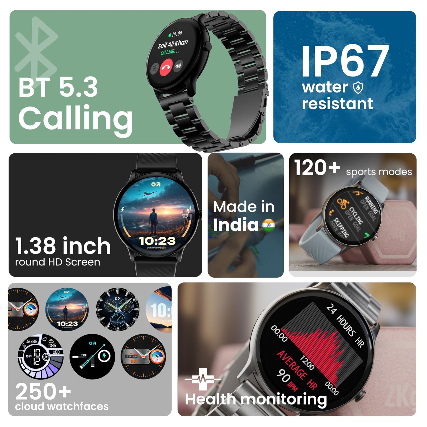 GOBOULT Newly Launched Dire Smartwatch 1.38'' 2.5D Curved HD Display, BT Calling, 500 Nits Brightness, IP67, 250+ Watchfaces, 120+ Sports Modes, AI Voice Assistant, SpO2 Monitoring (Chrome)