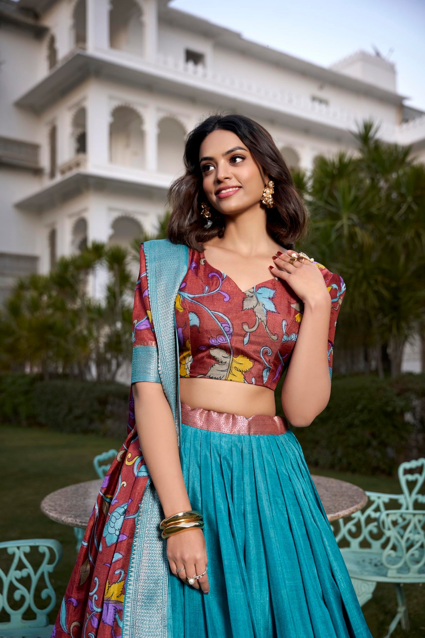 Snazzy Stitch Women's Floral Print With Foil Work Tussar Silk Lehenga Chholi Set (FIROZI)