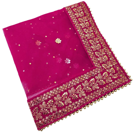 Navti Creations Women's Heavy Magenta (Pink) Net Dupatta With Zari Embroidery Heavy Border (Stone work, 2.25m) (Magenta)