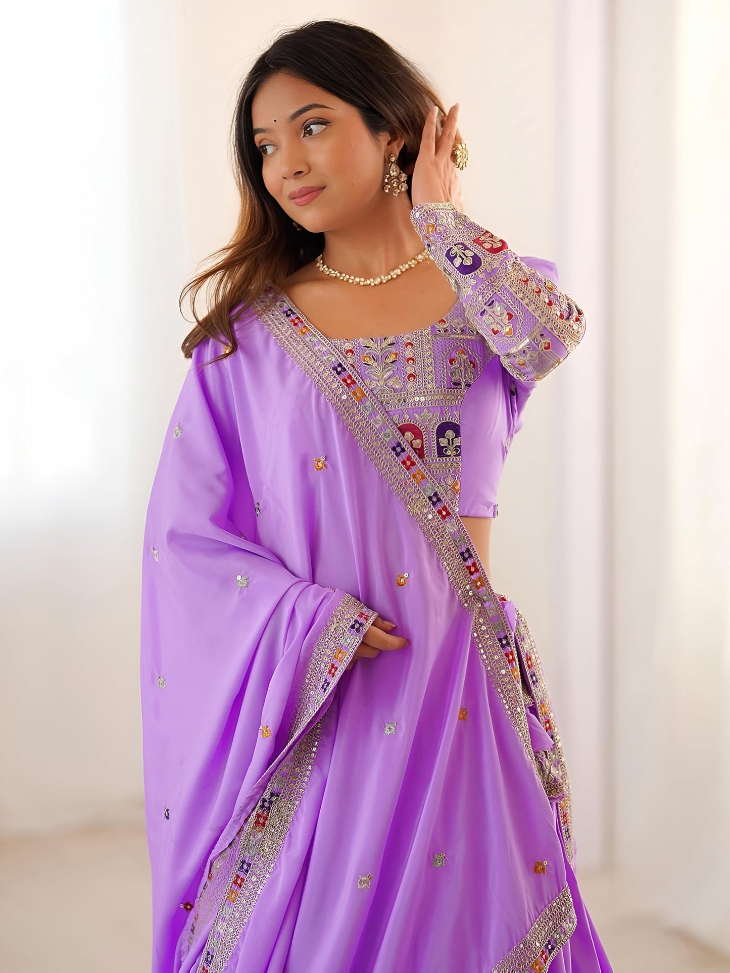 Zeel Clothing Women's Sequins Thread Embroidered French Crepe Lehenga Choli With Dupatta (5118-Lavender-Women-Lehenga-Choli-Latest; Free size) (Lavender)
