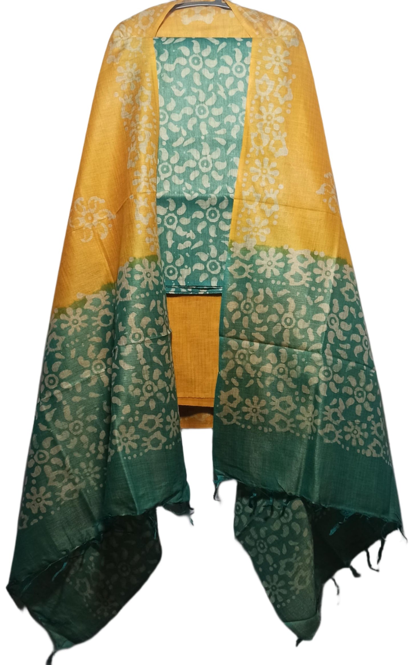 STB-SILK TEXTILES BHAGALPUR Women's Bhagalpuri Cotton Silk Batik Print Unstitched Salwar Suit Dress Material With Dupatta | Women's Dress Material For Girls (Green16)