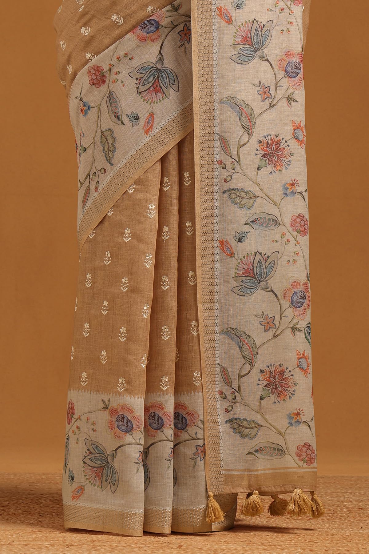 Soch Womens Beige Linen Botanical Saree With Machine Embroidery