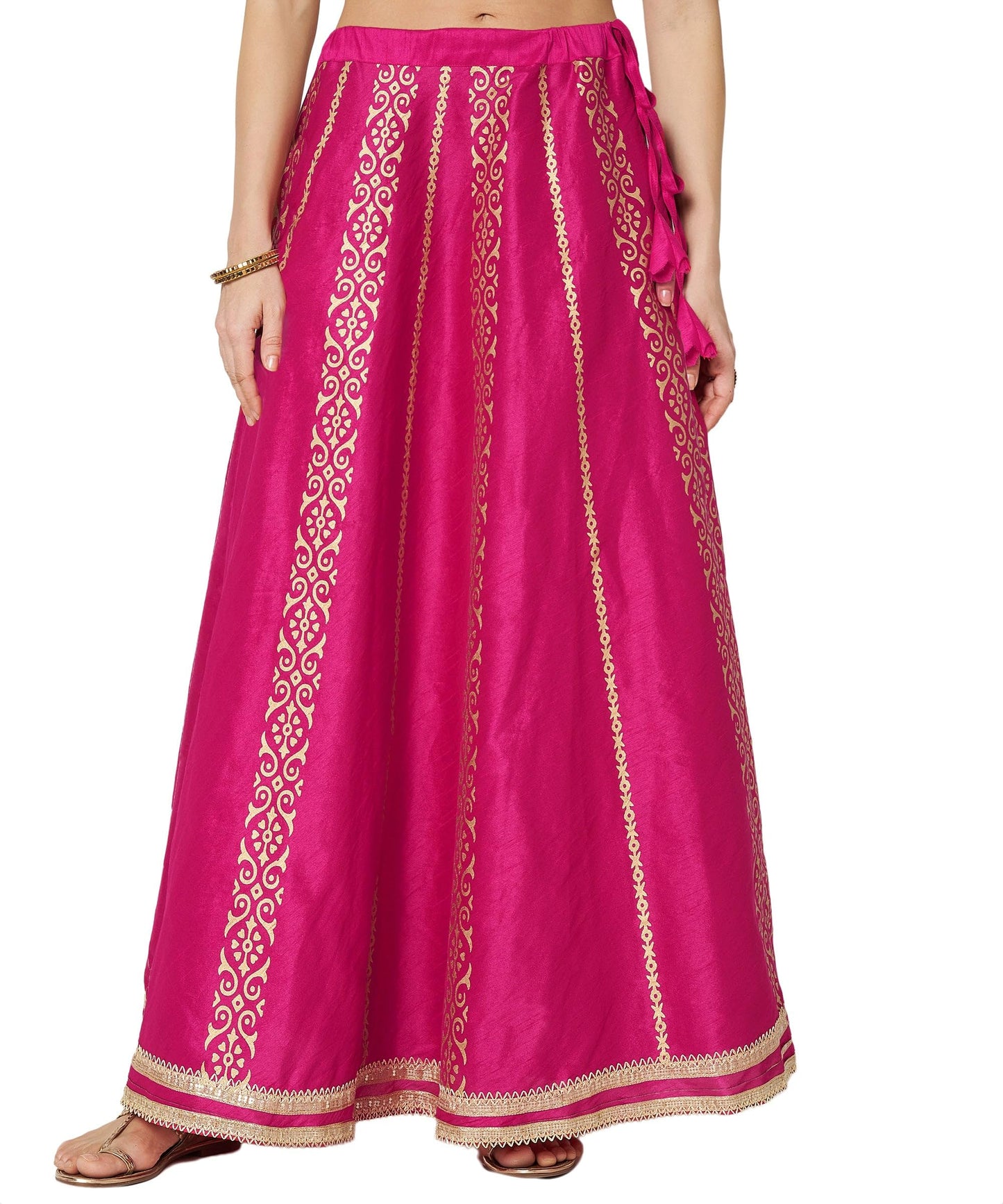 studio rasa Women's Dupion Hand Block Printed Embellished Bias Skirt for Wedding Festive Party (SKTC52412_Pink_X-Large)