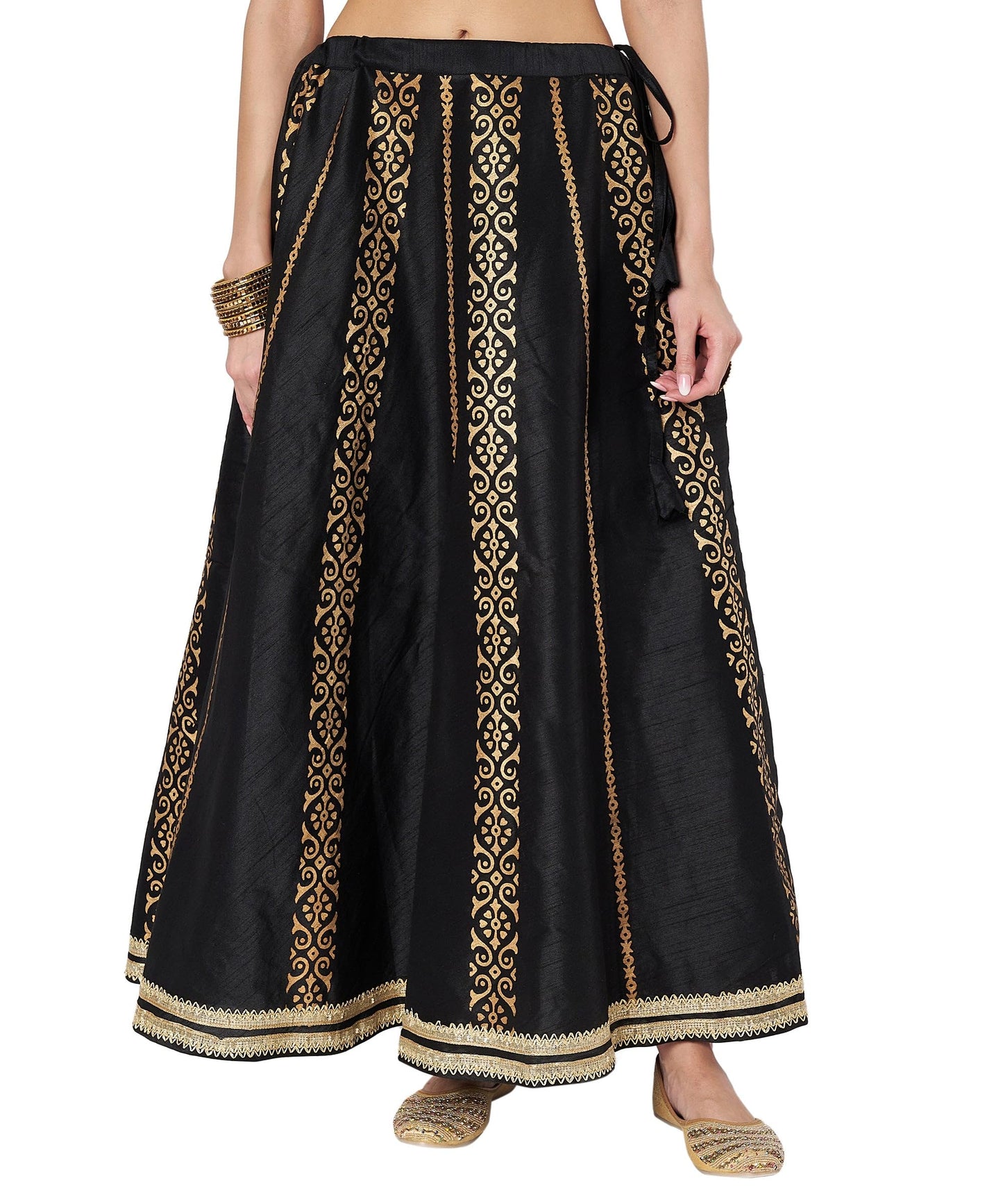 studio rasa Women's Dupion Hand Block Printed Embellished Bias Skirt for Festive Party Wedding (SKTC42505L_Black_Large)