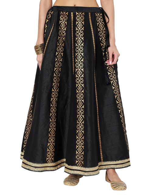 studio rasa Women's Dupion Hand Block Printed Embellished Bias Skirt for Festive Party Wedding (SKTC42505L_Black_Large)