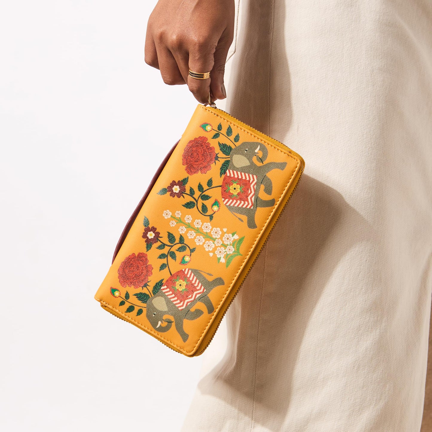 Chumbak Mustard Wallet for Women, Zipper Closure, Top Handle, Palace Memoirs Collection, Stylish Designer Handbag Purse Wallet Sling Tote, Everyday Casual Ethnic Travel Office Use