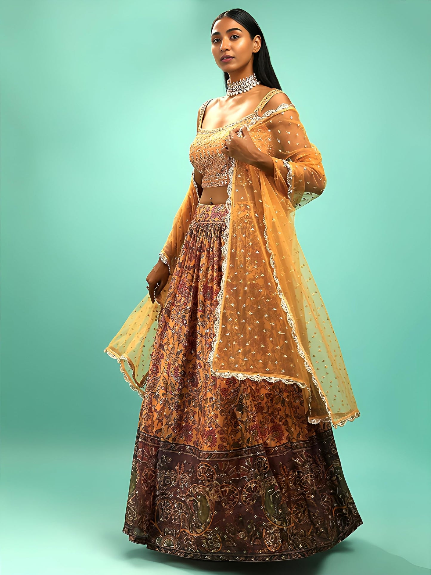 Zeel Clothing Women's Chinnon Silk Embroidered Semi-Stitched Lehenga Choli with Dupatta (106-Yellow-Wedding-Bridal-Latest-Lehenga; Free Size)