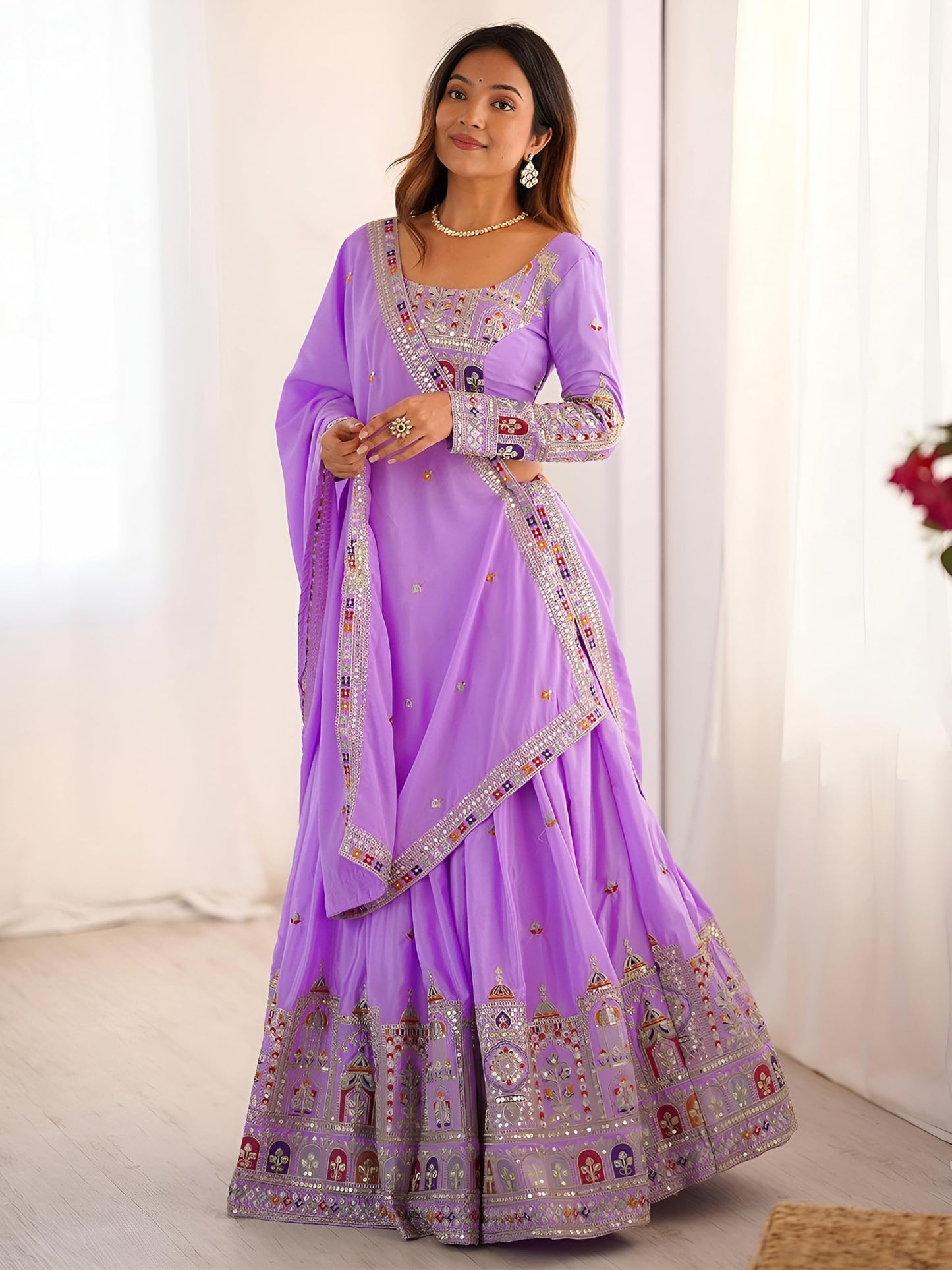 Zeel Clothing Women's Sequins Thread Embroidered French Crepe Lehenga Choli With Dupatta (5118-Lavender-Women-Lehenga-Choli-Latest; Free size) (Lavender)